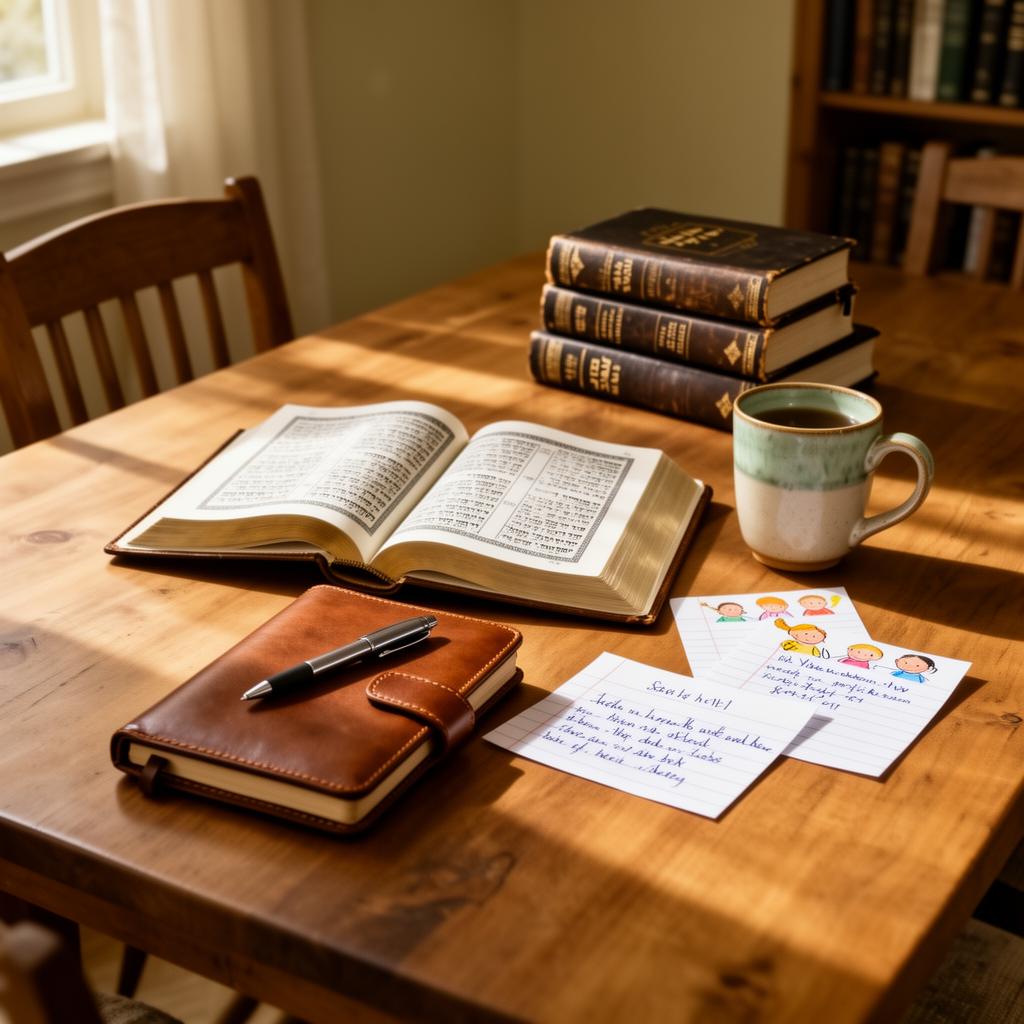 An open siddur, journal, and children's notes on a sunlit wooden table